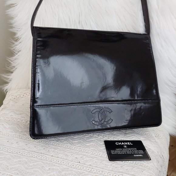 CHANEL Handbags - CHANEL Black Patent Leather CC Foldover Flap Shoulder Bag